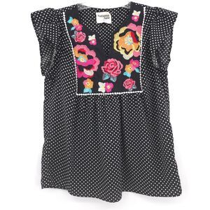 Savana Jane polka dot floral embroidered top Size M black short sleeve Boho